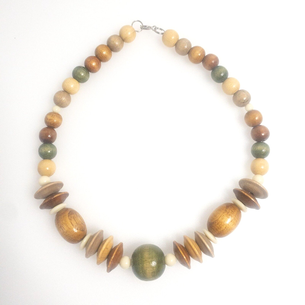 Boho Wooden Bead Statement Necklace Earthy Multicolor Lightweight